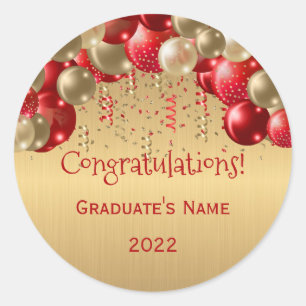 Trendy Red Gold Balloons Graduation Classic Round Sticker