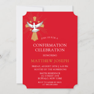 Trendy Red Gold Cross White Dove Confirmation Invitation