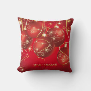 Trendy Red, Golden Christmas Ornaments Snowflakes Cushion
