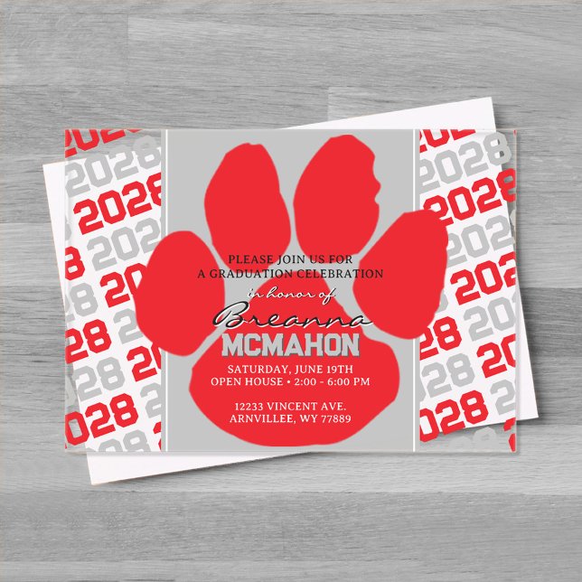 Trendy Red & Grey Graduation Pawprint Clear Acrylic Invitations (Red and Silver Gray Pawprint Acrylic Graduation Invitation)