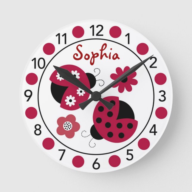 Trendy Red Ladybug Personalised Nursery Wall Clock (Front)