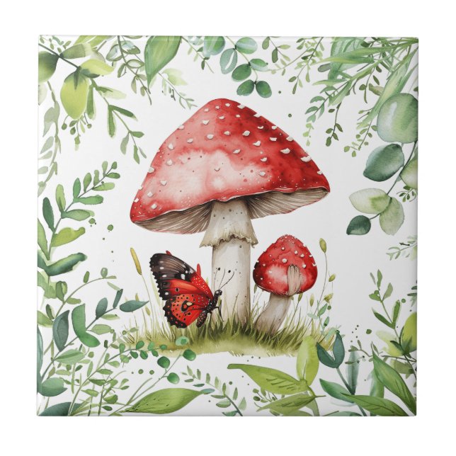Trendy Red Mushroom with Butterfly Ceramic Tile (Front)