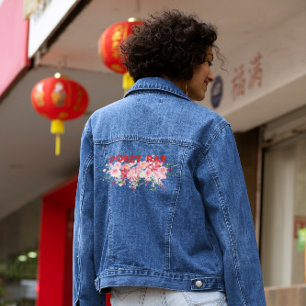 Trendy Red & Pink Floral Monogram Denim Jacket