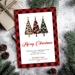 Trendy Red Plaid Christmas Tree Leopard Pattern Holiday Card