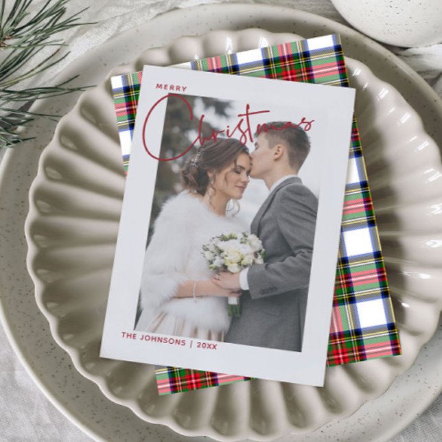 Trendy Red Plaid Merry Christmas Script Photo Holiday Card (Creator Uploaded)