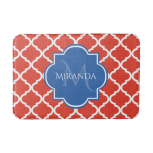Trendy Red Quatrefoil Blue Monogram and Name Bath Mat