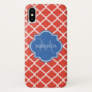 Trendy Red Quatrefoil Blue Monogram and Name iPhone X Case