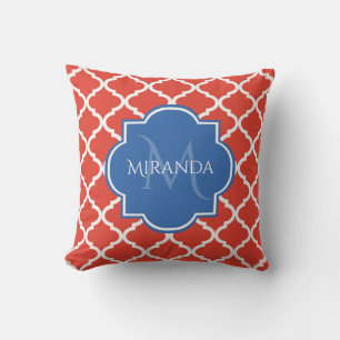 Trendy Red Quatrefoil Blue Monogram and Name Cushion
