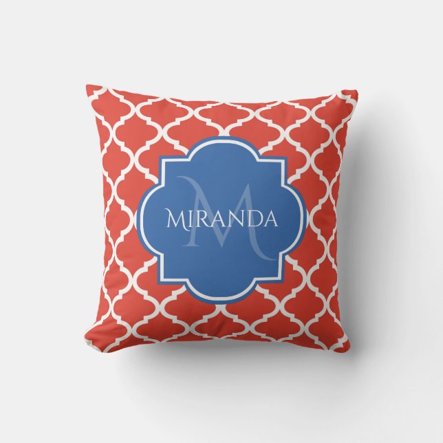 Trendy Red Quatrefoil Blue Monogram and Name Cushion (Front)