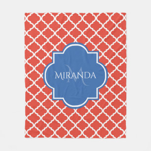 Trendy Red Quatrefoil Blue Monogram and Name Fleece Blanket