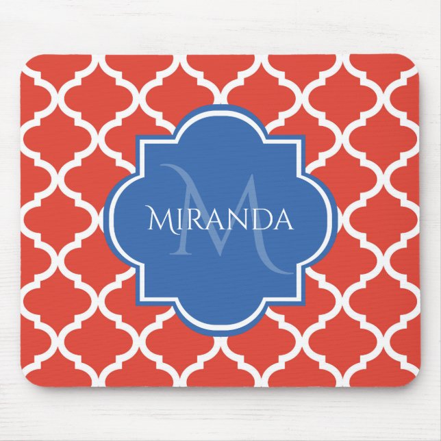 Trendy Red Quatrefoil Blue Monogram and Name Mouse Pad (Front)