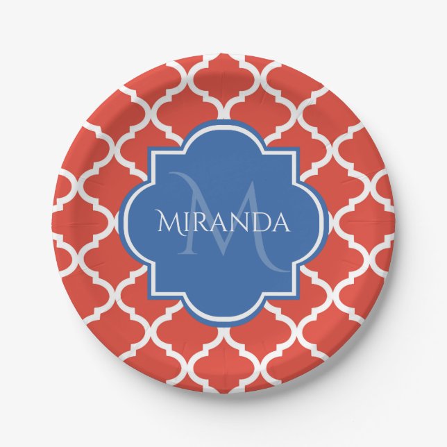 Trendy Red Quatrefoil Blue Monogram and Name Paper Plate (Front)