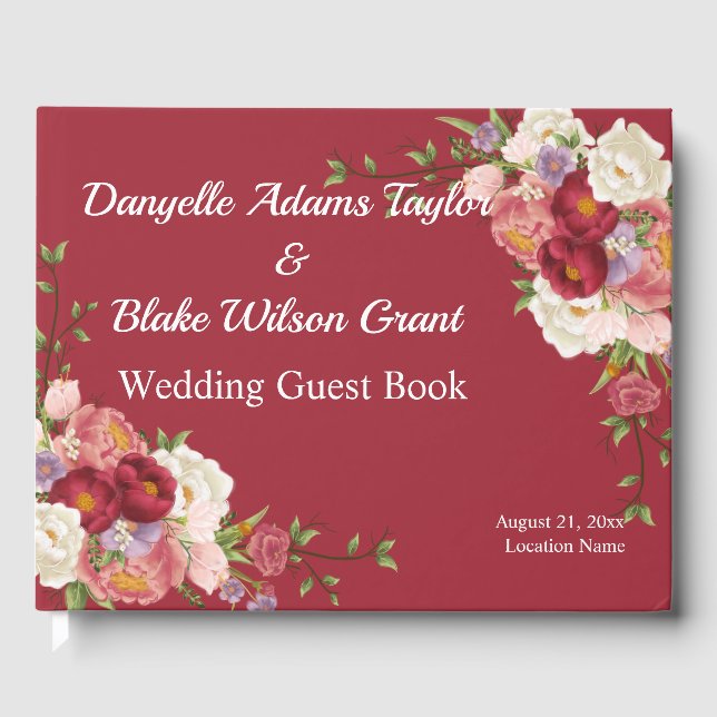 Trendy Red, Script Font Floral Wedding Guest Book (Front)