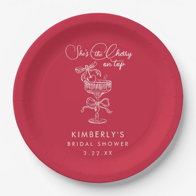 Trendy Red She's The Cherry On Top Bridal Shower Paper Plate (Front)