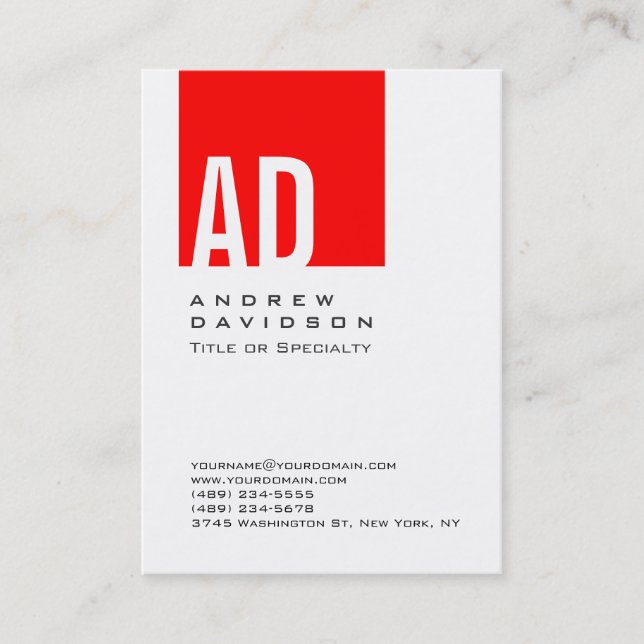 Trendy Red Striped Monogram White Business Card (Front)