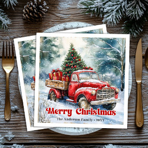 Trendy red truck Christmas scene rustic table  Napkin