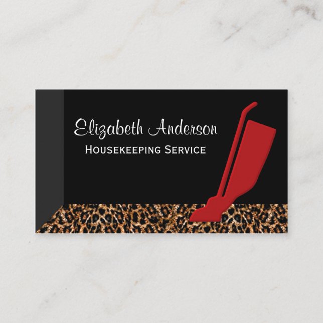 Trendy Red Vacuum Leopard Housekeeping Service Business Card (Front)