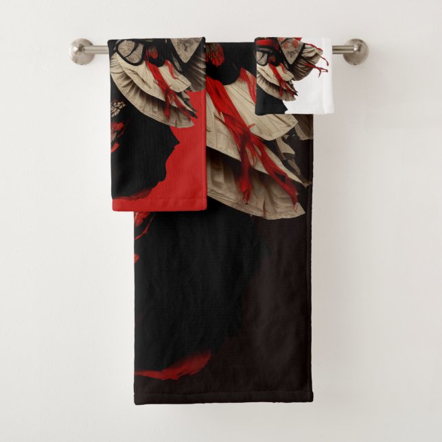 Trendy Red White and Black Kabuki  Bath Towel Set (Insitu)