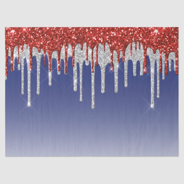 Trendy Red White and Blue Glitter Drips Tissue Paper (Front)