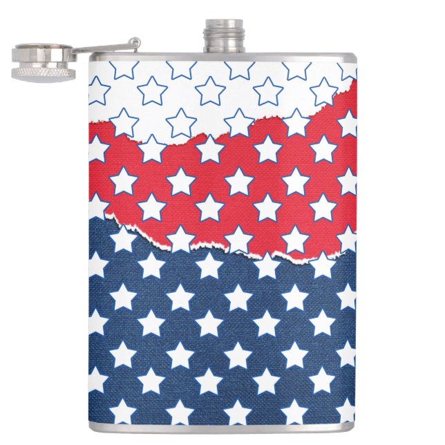 Trendy Red White & Blue Stars America Flag Pattern Hip Flask (Opened)