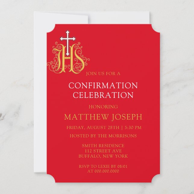 Trendy Red White Gold Logo Confirmation Invitation (Front)
