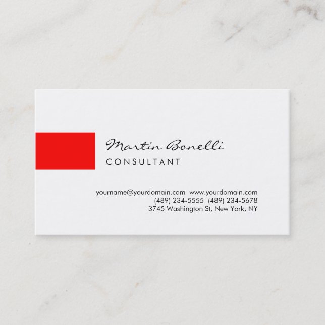 Trendy Red White Minimalist Script Business Card (Front)