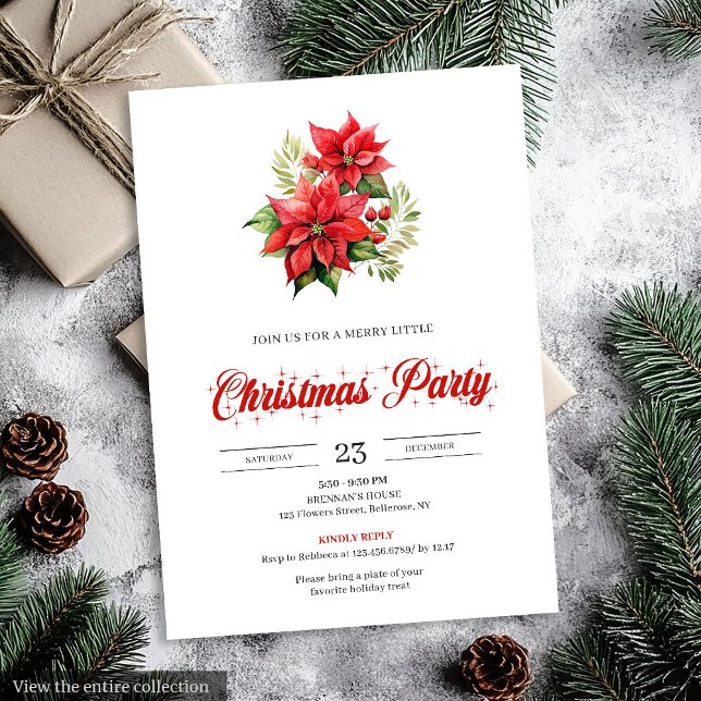 Trendy Red White Poinsettia Holiday Party Invites (Trendy Red White Poinsettia Holiday Party Invitation)