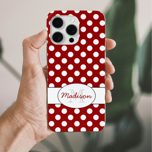 Trendy Red White polka dots pattern Monogram Case-Mate iPhone Case (Creator Uploaded)