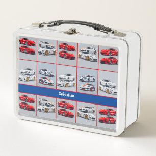 Trendy Red & White Sporty Sports Cars Enthusiasts Metal Lunch Box