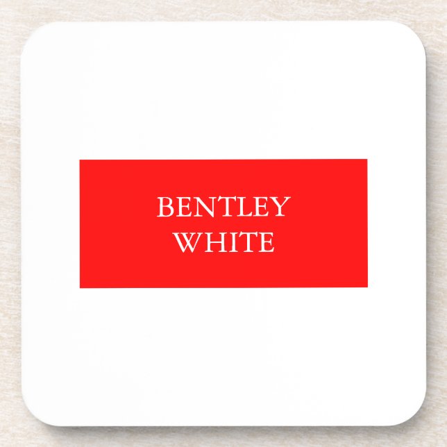 Trendy Red White Stylish Simple Plain Your Name Coaster (Front)