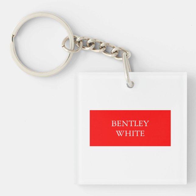 Trendy Red White Stylish Simple Plain Your Name Key Ring (Front)