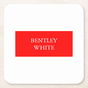 Trendy Red White Stylish Simple Plain Your Name Square Paper Coaster