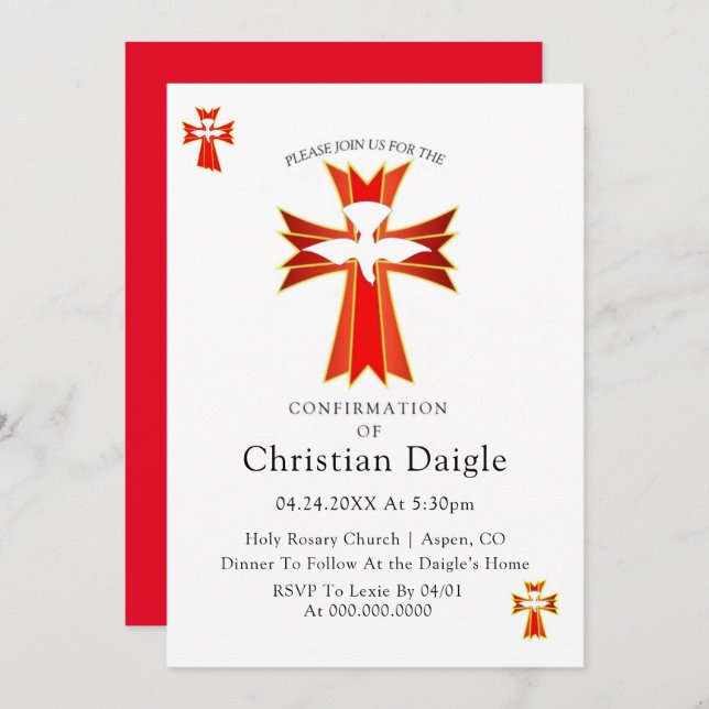 Trendy Red Yellow Cross and Dove Confirmation Invitation (Front/Back)