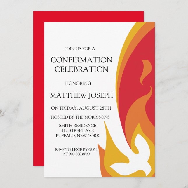 Trendy Red Yellow Dove Fire Confirmation Invitation (Front/Back)