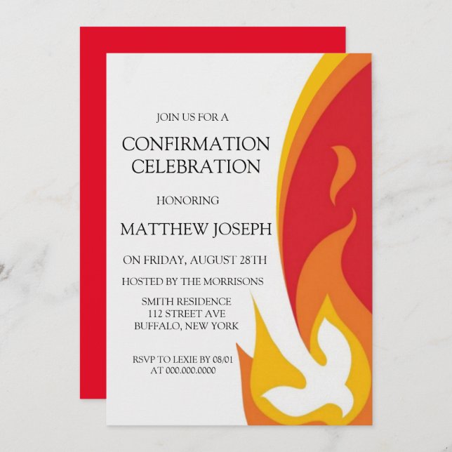 Trendy Red Yellow Dove Fire Confirmation Invitation (Front/Back)