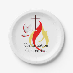 Trendy Red Yellow Fire and Dove Cross Confirmation Paper Plate