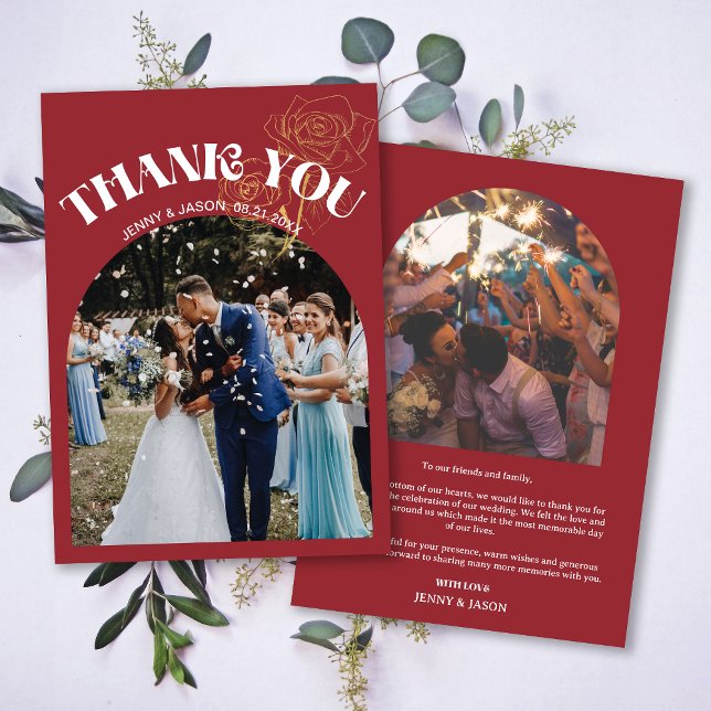 Trendy Retro Arch Red Wedding Photo Thank You Card (Trendy Retro Arch Red Wedding Photo Thank You Card)