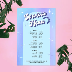 Trendy Retro Blue Holographic Salon Services Menu Poster