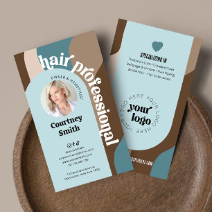 Trendy Retro Blue & Taupe Hair Stylist Salon Photo Business Card