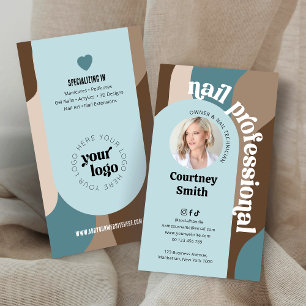 Trendy Retro Blue & Taupe Nail Artist Manicure Business Card