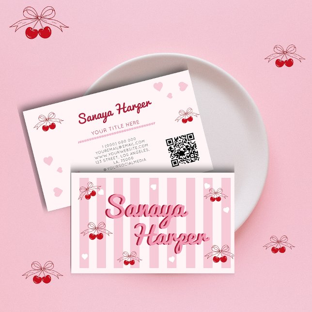 Trendy Retro Boho Cherry Coquette Business Card (Creator Uploaded)