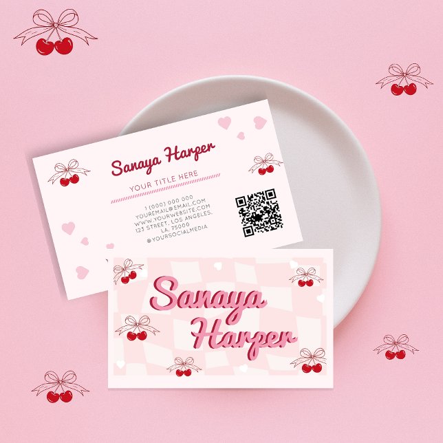 Trendy Retro Boho Cherry Coquette Pink Pattern Business Card (Creator Uploaded)