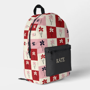 Trendy Retro Chequerboard Floral Personalised Name Printed Backpack