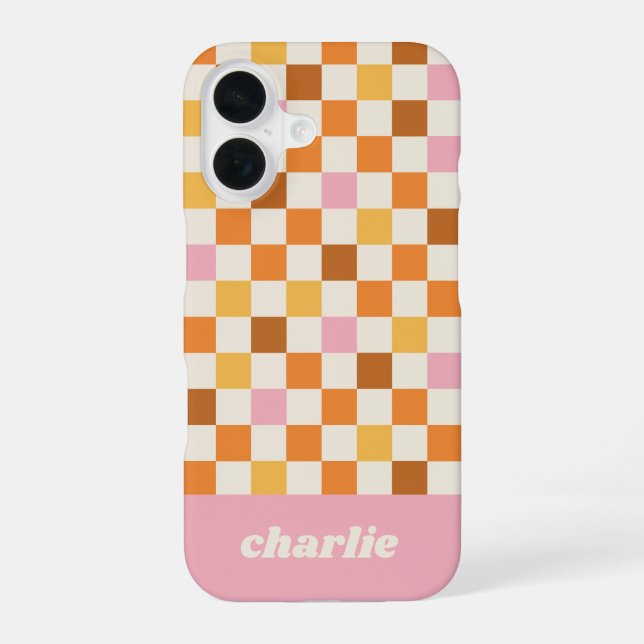 Trendy Retro Chequerboard Monogram iPhone 16 Case (Back)