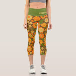 Trendy Retro Floral Pattern Custom name block  Capri Leggings<br><div class="desc">A bold, floral design with colourful shades of gold, orange and green with a fun colour block to add your name or any text. The crazy flower pattern has a variety of colours. You can add a name, monogram or other custom text. If you need to move the art around,...</div>
