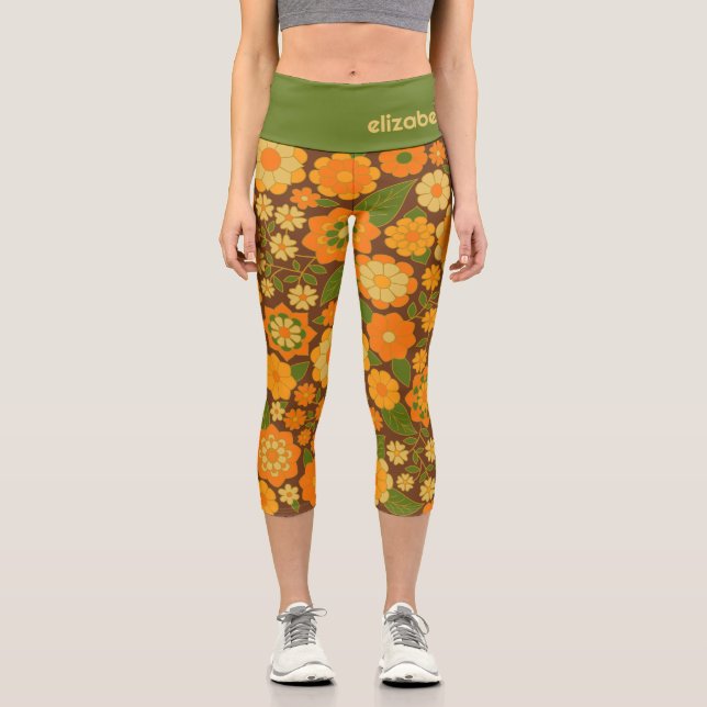 Trendy Retro Floral Pattern Custom name block  Capri Leggings (Front)