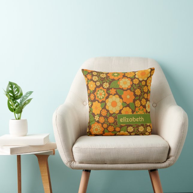 Trendy Retro Floral Pattern Custom name block  Cushion (Chair)