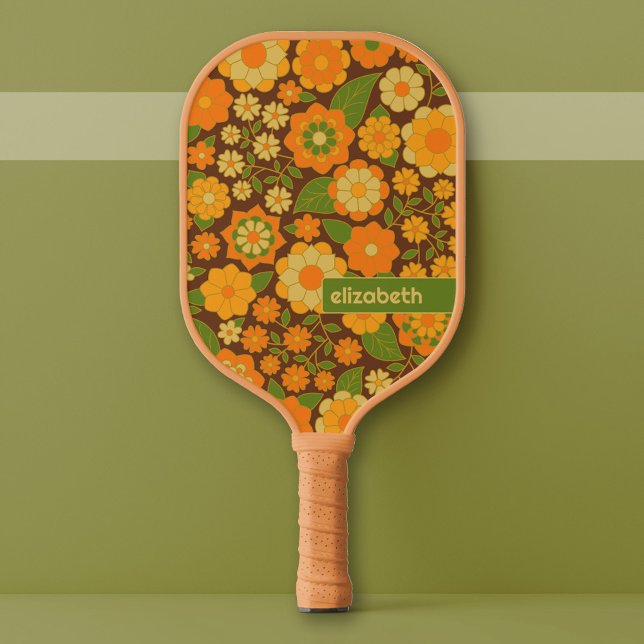 Trendy Retro Floral Pattern Custom name block  Pickleball Paddle (Custom Pickleball Paddle)