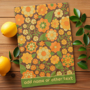 Trendy Retro Floral Pattern Custom name block Tea Towel