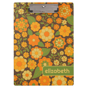 Trendy Retro Floral Pattern with name block  Clipboard